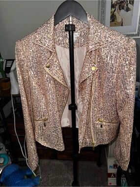 VENUS Sequin Studded Biker Jacket White Gold Zipper Long Sleeve Women